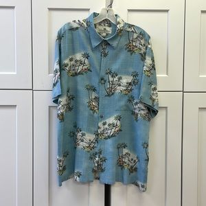 ISLAND SHORES ALOHA SHIRT SIZE L COLOR BLUE WITH ISLAND PRINT 100% RAYON